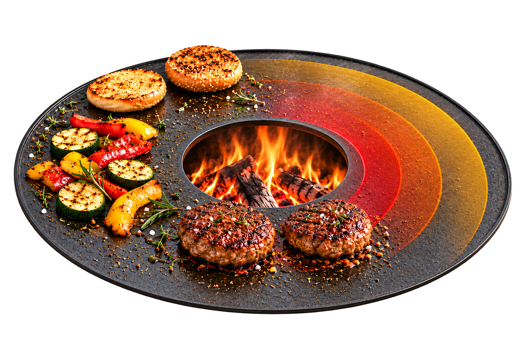 Schematische Hitzezonen auf der Barbecue-Disc: innen heißer, nach außen milder.
