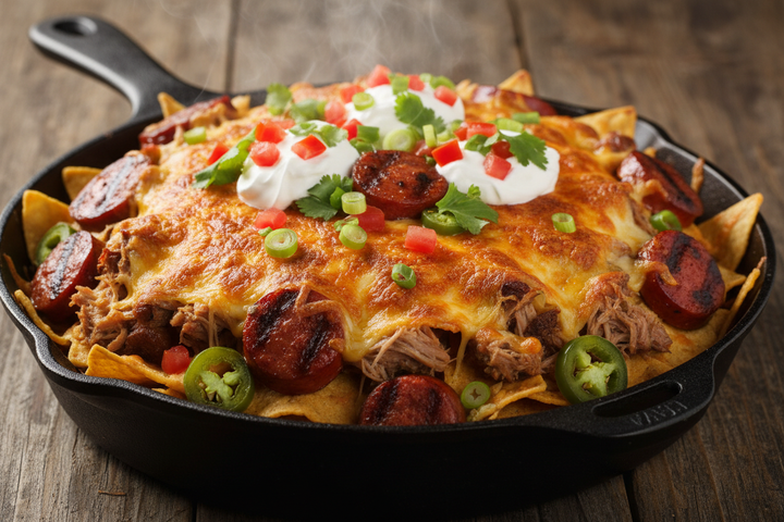 Loaded Nachos mit Pulled Pork, geschmolzenem Käse, Jalapeños und Chili-Cheese-Würstchen.