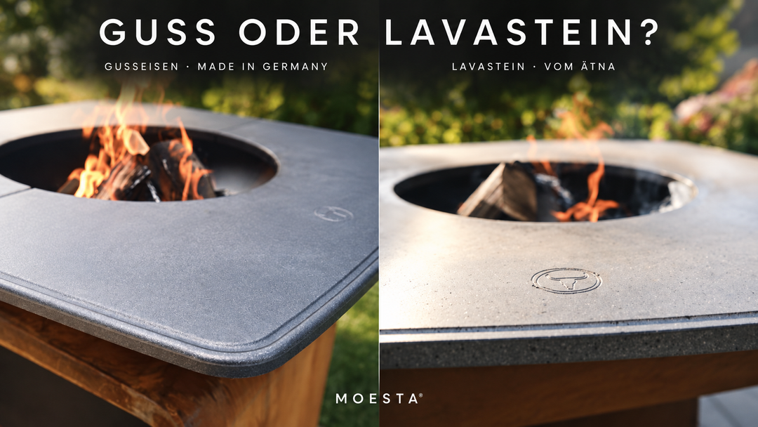 MOESTA Feuerplatten im Vergleich: Gusseisen Made in Germany und Lavastein vom Ätna