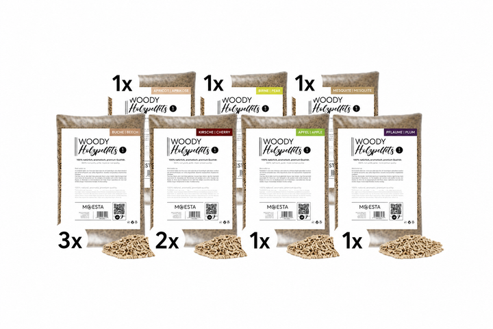 MOESTA WOODY Pellets in den sieben Holzsorten Buche, Kirsche, Apfel, Birne, Pflaume, Aprikose und Mesquite