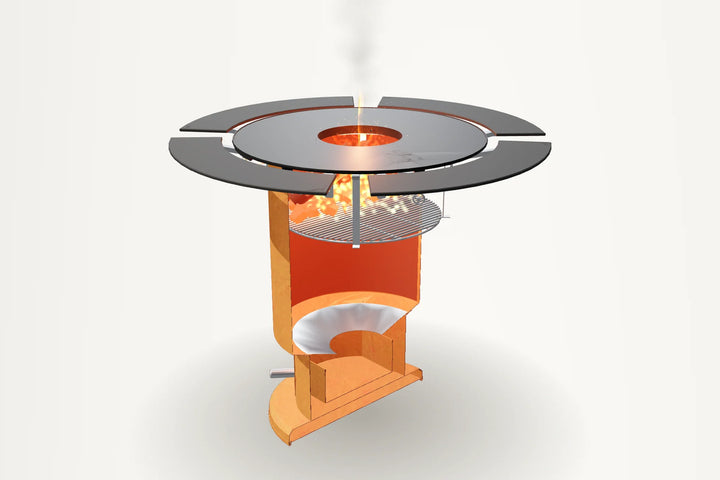 Aufgeschnittener MOESTA BANDIT 2.0 mit BBQ Disk, Feuer, Kohlenrost und Ascheschublade