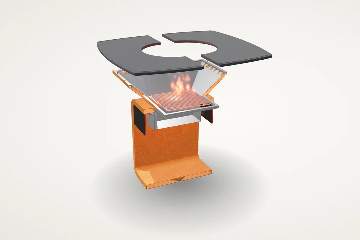 Aufgeschnittener MOESTA ONE mit geteilter Lavasteinplatte, Feuer, Kohlenrost, doppelwandigem Brennraum und Ascheschublade