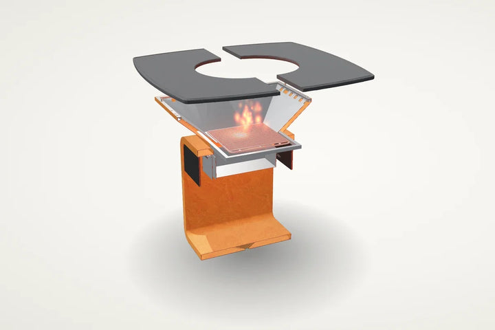 Aufgeschnittener MOESTA ONE mit geteilter Lavasteinplatte, Feuer, Kohlenrost, doppelwandigem Brennraum und Ascheschublade