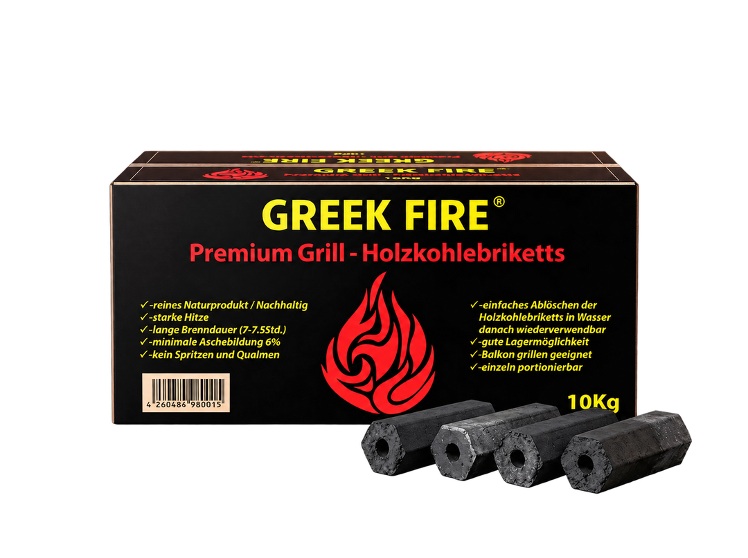 GREEK FIRE Holzkohlebriketts: 10-kg-Karton mit vier Briketts, freigestellt