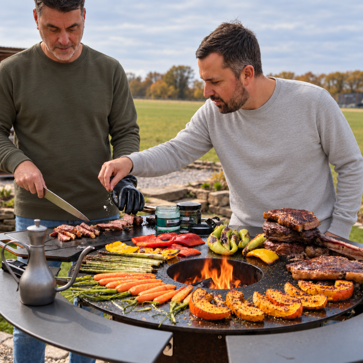 Hokkaido-Spalten und Gemüse auf der MOESTA Feuerplatte beim herbstlichen Grillen