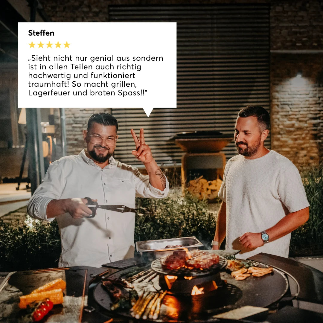 Grillabend am BANDIT 2.0 mit eingeblendeter Fünf-Sterne-Kundenbewertung von Steffen.