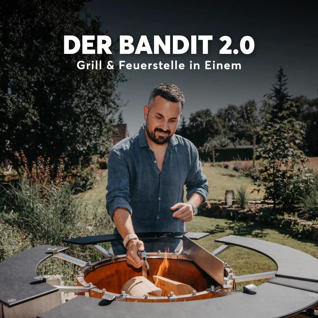 BANDIT 2.0 als Grill und Feuerstelle: Anzünden des Holzfeuers im Garten.