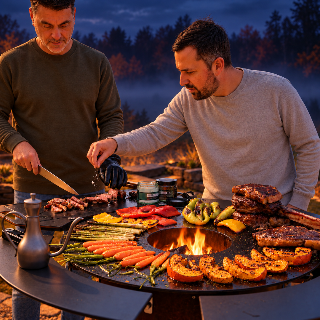 Hokkaido-Spalten, Gemüse und Fleisch auf der MOESTA Feuerplatte beim Grillen in mystischer Abendstimmung.