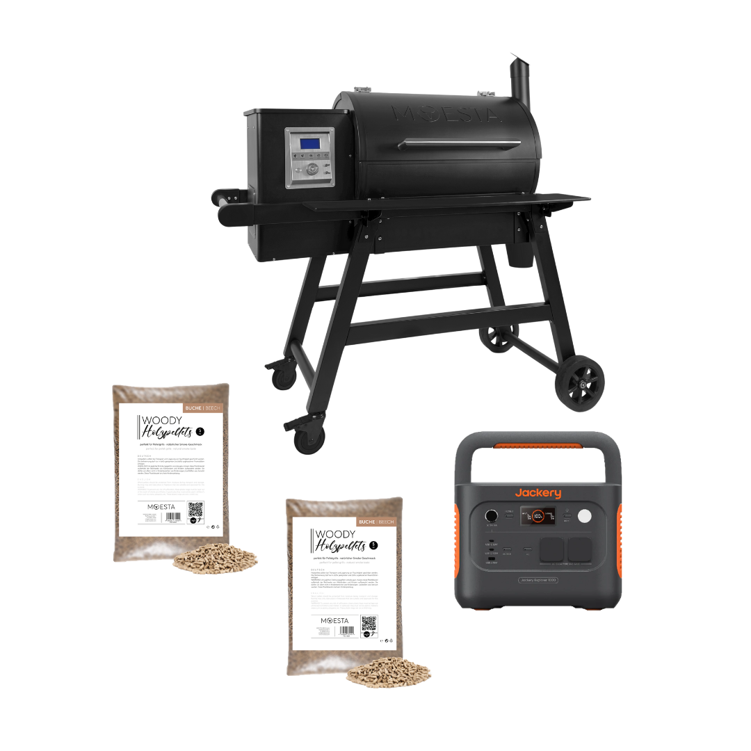 Off-Grid Pro Bundle mit Sheriff Pelletgrill 2.0, Jackery Explorer 1000 v2 und zwei Säcken Buche-Pellets