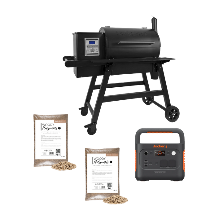 Off-Grid Pro Bundle mit Sheriff Pelletgrill 2.0, Jackery Explorer 1000 v2 und zwei Säcken Buche-Pellets