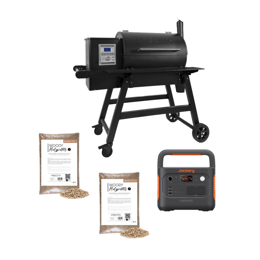 Off-Grid Pro Bundle mit Sheriff Pelletgrill 2.0, Jackery Explorer 1000 v2 und zwei Säcken Buche-Pellets