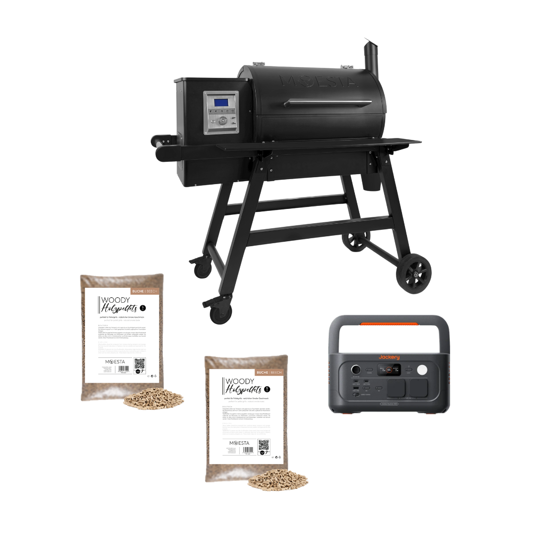 Off-Grid Ready Bundle mit Sheriff Pelletgrill 2.0, Jackery Explorer 500 v2 und zwei Säcken Buche-Pellets