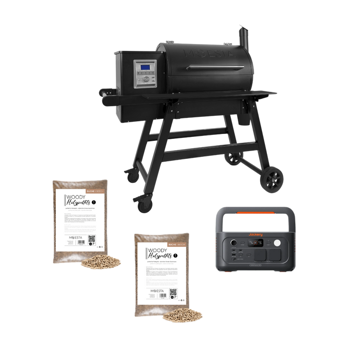 Off-Grid Ready Bundle mit Sheriff Pelletgrill 2.0, Jackery Explorer 500 v2 und zwei Säcken Buche-Pellets