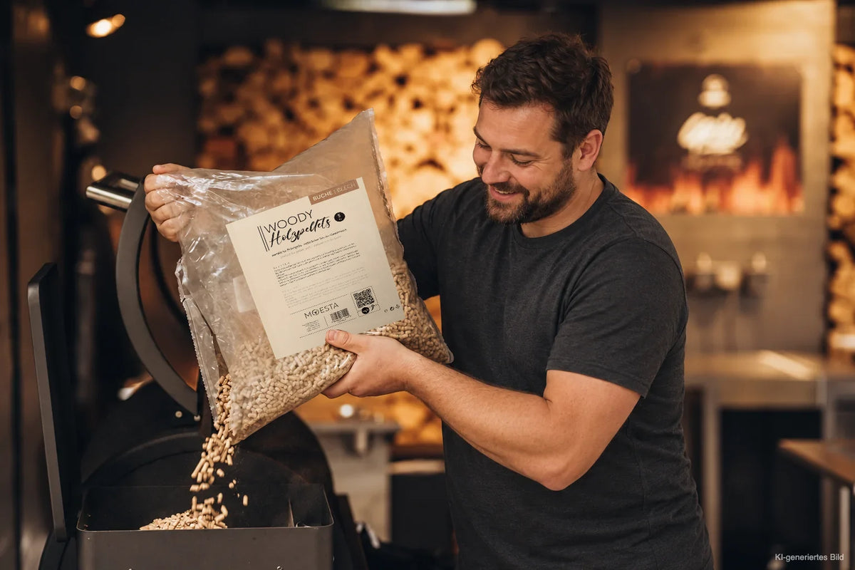 WOODY Buche Pellets in den Pelletbehälter einfüllen – KI-generiertes Anwendungsbild